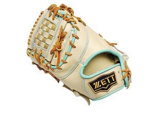 ZETT Pro Model Elite 12.5 inch LHT First Base Mitt - Beige/Skyblue ZETT Pro Model Elite 12.5 inch LHT First Base Mitt - Beige/Skyblue